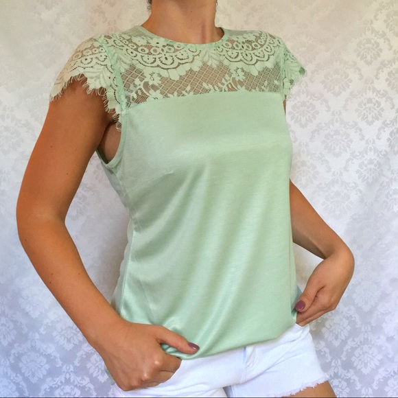NWT H&M Mint Pastel Green Lace Cap Sleeve Top - Picture 1 of 5